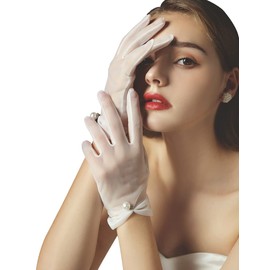 GRYUIRY Women's Wedding Gloves Short Pearl Tulle Gloves Tea Party Evening Dance Party Gloves Dress Accessories White