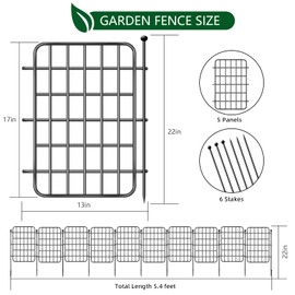 5 Panels Garden Fence Animal Barrier, 5.4ft x 17in No Dig Fence Border, Rustproof Metal Decorative Garden Fence with Ground Stake, Flower Bed Edging Border for Dog, Rabbit, Outdoor Yard Patio Decor