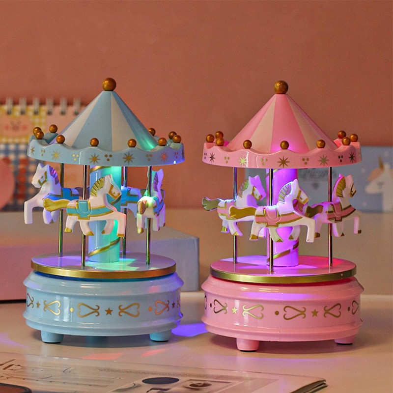 Tiardey Pink Classic Carousel Music Box Rotating Music Box Light