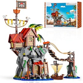 Viking Medieval Pirate's Cliffside Broken Mast Cabin Wharf Building Set House Building Block Toy, Medieval Pirate Ship Architecture Bricks Kit,Gift for Women or Adult 1045pcs