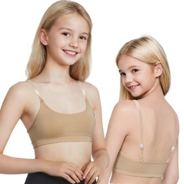 DANSHOW Girls Dance Bra Seamsless Nude Bras for Teens Girl with 2 Pairs of Clear Straps, Silicone Pads (HY8E-18-1-S)