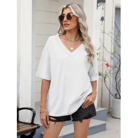 Ovanviso Womens Oversized T Shirts Cotton Short Sleeve Tees Ribbed Trim V Neck Tops Loose Fit Fashion Clothes 2025 White