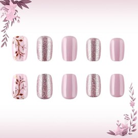 Uñas postizas cuadradas cortas de presión - Uñas postizas con purpurina floral morada y rosa, acabado brillante, reutilizables con pestañas adhesivas 