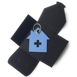 House with Cross Keyring Made From Wool Felt in Baby Blue. Made in Germany.