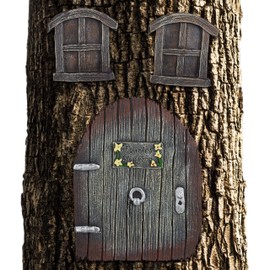 Relaxdays Garden Fairy Door, 3-Piece Set, Fairy Door and Windows, Tree Trunk Decoration, Weatherproof, Tree Decoration for Hanging, Brown
