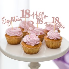 48 piezas de adornos para cupcakes de 18 cumpleaños con purpurina Hello 18 púas para cupcakes de 18 años de edad, decoración para tartas de 18 años para niño y niña, suministros de decoración de tartas de feliz 18 cumpleaños, oro rosa