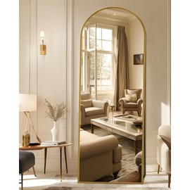 LadyNow Arched Full Length Mirror, 58"x18" Floor Mirror Freestanding Full Body Mirror, Floor Standing Mirror with Stand for Bedroom, Hanging Mounted Mirror for Living Room Cloakroom, Gold