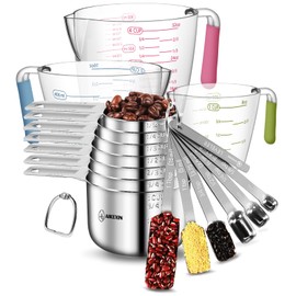 Measuring Cups and Spoons Set of 19 - Stackable Stainless Steel Measuring Cups Spoons & Plastic Measuring Cup for Dry and Liquid Ingredients, Cooking & Baking Kitchen Gadgets