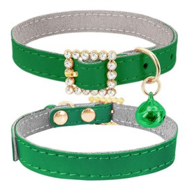 Green Kitten Collar with Bell, Diamond Buckle Bling Dog Collar Soft Cown Leather Female Puppy Collars with Bells for XXS XS Small Tiny Girl Dogs Pet Cats, XXSmall