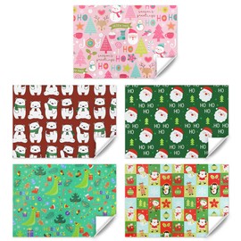 Christmas Wrapping Paper, 5 Cartoon Designs Santa Claus Bear Snowman Penguin Dinosaur Gift Wrap Paper With Red and Green Ribbons, For Family Friends Kids Boys Girls At Christmas Party
