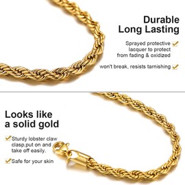 GOLDCHIC JEWELRY Gold Rope Chain Bracelet, 3mm Chunky Men Twist Link, 21CM