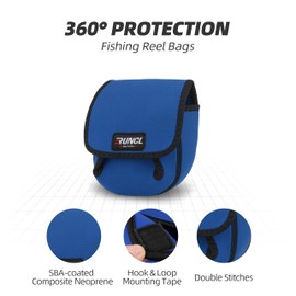 RUNCL Blue spinning reel bag with black edges, ideal for freshwater and saltwater fishing trips