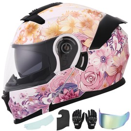 OUMURS Pink Modular Motorcycle Helmets Full Face Flip up Street Bike Motorcycle Helmet for Unisex Adult Flower Sea - L