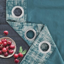 always4u Soft Velvet Curtains 95 Inch Length Luxury Bedroom Curtains Silver Foil Print Window Curtains for Living Room Set of 2 Teal