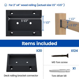Muzata 20Pcs Deck Railing Brackets Connectors Rail Support Kit for 2x4 (1.5"×3.5") Wood Post Deck Rail Bracket with 124pcs Screws for Wooden Stair Fence Cable Railings Handrail WT11