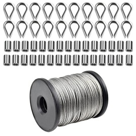 Cozlly 304 Stainless Steel Wire Rope Tension Wire 50 m x 1.5 mm with 30 Aluminium Clamp Crimp Sleeves Wire Rope Clips + 20 Pieces M2 Thimble for Climbing Plants, Clothesline, Lights, Picture Hanging