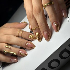 3D Gold Press on Nails Short Almond Fake Nails Nude Acrylic Nails French Tip Press On Nails Reusable Glue on Nails Full Cover Stick on Nails for Women Girls DIY Manicure 24Pcs