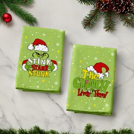 JAKITRE Merry Christmas Hand Towels Set of 2,Xmas Grin-ch Hand Towels for Bathroom Decorative Soft Absorbent Washcloths for Winter Holiday Home Indoor Party 18"x26"