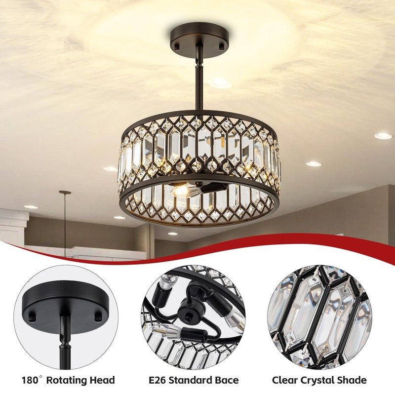 3-Light Crystal Ceiling Light, Black Semi Flush Mount Ceiling Lighting