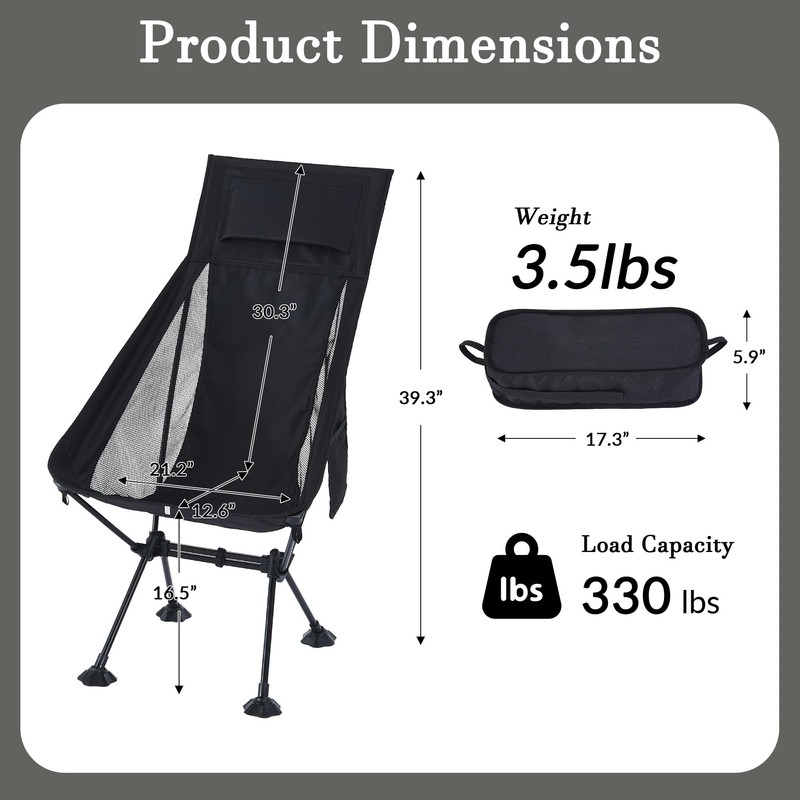 High Back Lightweight Camping Chair for Adults with Wide Seat