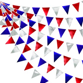 32Ft Red Blue Silver Fabric Triangle Banner Flag Double Sided Metallic Holographic Pennant Bunting Garland for Graduation 4th of July American USA Patriotic National Day Birthday Outdoor Party Decor