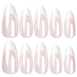 Press On Nails - White Tip Almond, Salon Quality Professional DIY Nails, Everyday Glossy Stick On Nails, Glue On Nails For Women and Girl Gift, Ready to Wear 24 Pcs Nail Kit, Reusable Fake Nails in 12 Sizes, Medium Length Faux Nails.