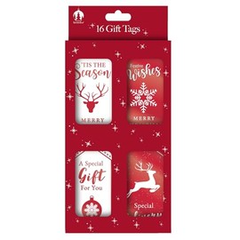 Christmas Gift Tags with Ribbon Ties Pack 16 - Recyclable and Plastic Free (Scandi Red and White)