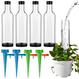 Leinuosen 8 Pack Plant Watering Devices with 4 Pcs Self Plant Watering Spikes and 4 Pcs 26 oz Plastic Bottles, Plant Waterer Devices Adjustable Control Valve Switch for Outdoor Plant, Garden Plant