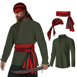 HSDOU Mens Pirate 3 Pcs Costume Set Renaissance Pirate Shirt Medieval Costume Viking (Z3760TGN,XL)