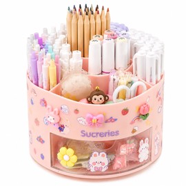 Cute Rotating Pen Holder Organizer for Desk Storage – Kawaii Multi-Compartment Stationery Box for School, Office & Creative Spaces