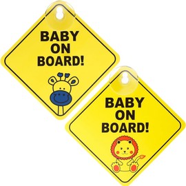 BIRLOZA Baby on Board Car Warning Signs 2 Pieces 4.7 x 4.7 Inch Safety Car Sign with Suction Cups Removable Children's Safety Warning Sticker for the Car Yellow Cute Baby on Board Sticker Car