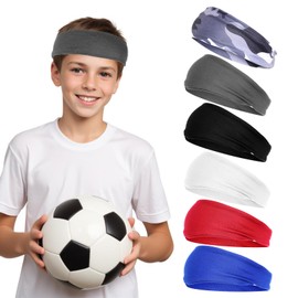 6 Pcs Kids Sports Sweatbands Soccer Moisture Absorbing Headbands Boys Girls Soft Wicking Hairband Sweat Band for Basketball Tennis Baseball Football Running Workout
