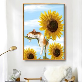 Calefow Stamped Cross Stitch Kits &1 Set Stretcher Bars for Needlework， 11 CT Sunflower Cat Counted Cross Stitch Kits for Beginners Adults，Cross Stitch Patterns 12x16 Inch