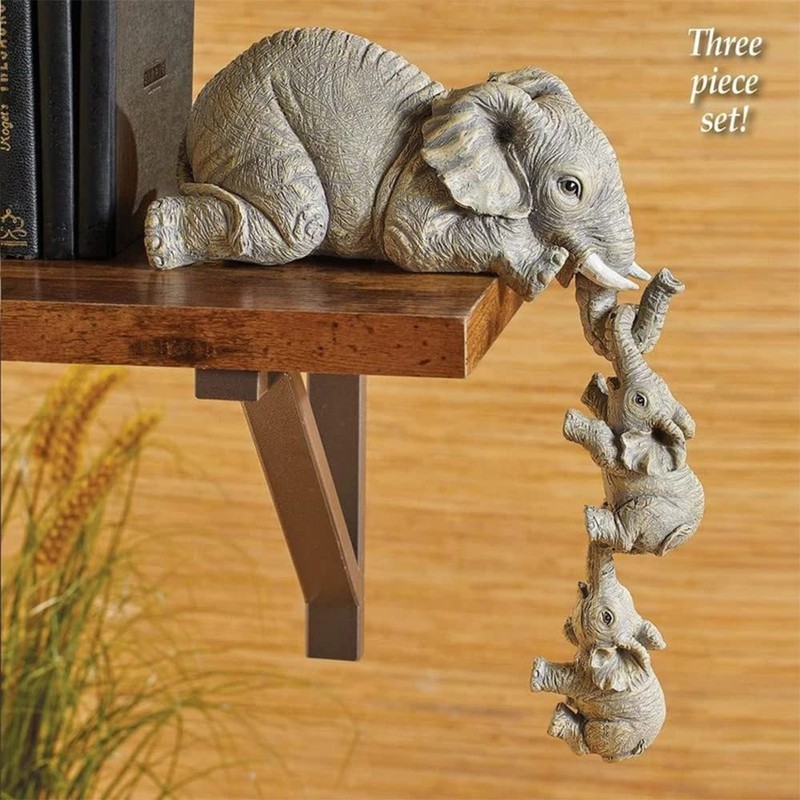 LSDZHK Elephant Shelf Figures, Mother Hanging 2 Babies Elephants Sitter