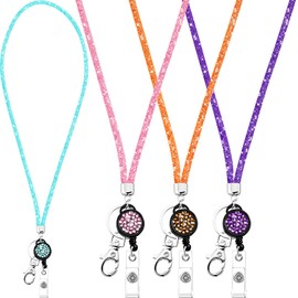Frienda 4 Pieces Crystal Lanyard Necklace with Retractable Badge Holder and Key Ring, Bling Rhinestone Crystal Lanyard Strap (Light Blue, Orange, Pink, Purple)
