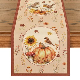 Artoid Mode Birds Pumpkins Leaves Flowers Autumn Table Runner, Seasonal Fall Kitchen Dining Table Decoration for Home Party Decor 40x140 cm