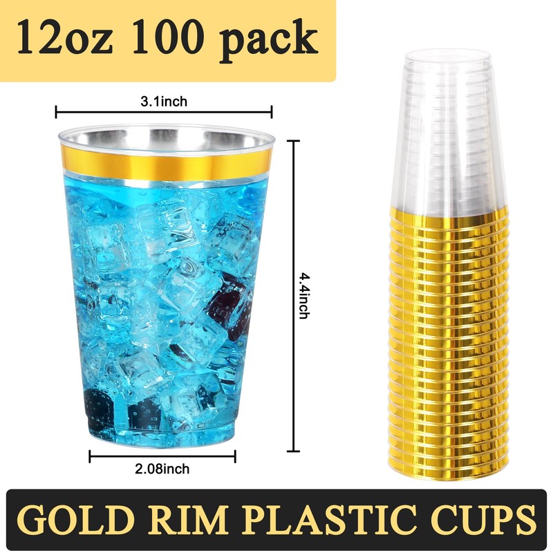 Upigi 100 Pcs Gold Plastic Cups,12oz Gold Rimmed Plastic Cups,Heavy