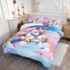 Ntlfup Unicorn Kids Bedding Set for Girls Queen Size, Pink Unicorn Rainbow Comforter Set, Bedroom Decor with 2 Pillowcases for All Season