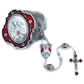 Catholic Rosary Beads with Metal Keepsake Gift Box Set (Sacred Heart of Mary-Red)