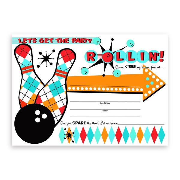 POP parties Bowling Party Large Invitations - 10 Invitations + 10 Envelopes