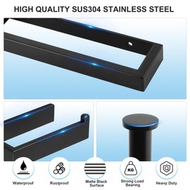 SAYAYO 4-Piece Black Bathroom Accessory Set 15CM Toilet Roll Holder Wall Mounted, 20CM Towel Rail Hand Towel Holder and 2Pcs Coat Hooks for Hanging, SUS304 Stainless Steel, EG2404-SET-B