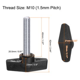 QUARKZMAN 2 Pcs T Wing Knobs M10 x 40mm Metric Male Grub Screw 55mm T Head Plastic Knob Handles Thumb Screws Hand Tension Knob Grip Thumb Screw Black
