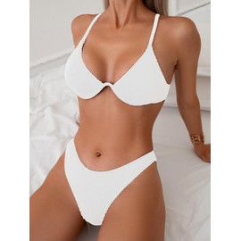 Fanuerg Women Underwire Triangle Bikini Spaghetti Strap Push Up Swimsuit Cheeky Two Piece Bathing Suit White S