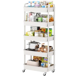 Sywhitta 5-Tier Plastic Rolling Utility Cart with Handle, Multi-Functional Storage Trolley for Office, Living Room, Kitchen, Movable Storage Organizer with Wheels, White