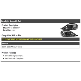 Marketplace Auto Parts Headlight Assembly Set of 2 - Compatible with 2000-2005 Mercury Sable