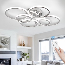 Sovinzert Modern Ceiling Lights, 6 Rings Dimmable Chrome LED Ceiling Light Fixtures with Remote Control, 60W Close to Ceilings Lighting for Living Room, Bedroom, Dining Room