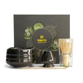 TOKYO design studio 4-Piece Matcha Set in High-Quality Gift Packaging - with Matcha Bowl, Bamboo Whisk, Bamboo Spoon & Tea Brush Holder - Traditional Tea Ceremony - Elegant Ceramic in Black