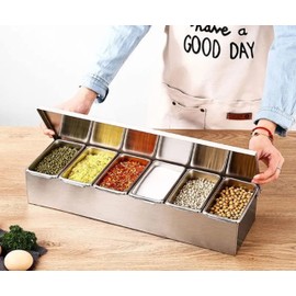 TrueCraftware- 6 Compartment Stainless Steel Condiment Bar (Open Bottom)- Condiment Dispenser Serving Container Garnish Tray Bar Caddy Condiment Server Caddy Garnish Holder for Home Work Restaurant