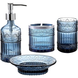 4-Piece Bathroom Accessories Set - Blue Glass Decor Set - WHOLE HOUSEWARES Soap Dispenser, Toothbrush Holder, Vanity Tray and Jar - Elegant Boho Bathroom Countertop Organizer