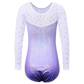 ZNYUNE Long Sleeve Gymnastics Leotard Printing Sparkle Dancing Athletic Leotard For Girls 268 LightPurple 6A